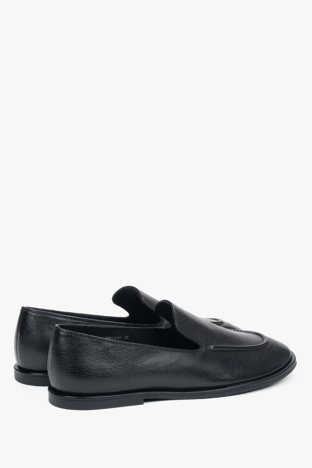 Side profile of the women's Estro flat loafer, showing the black genuine leather finish.