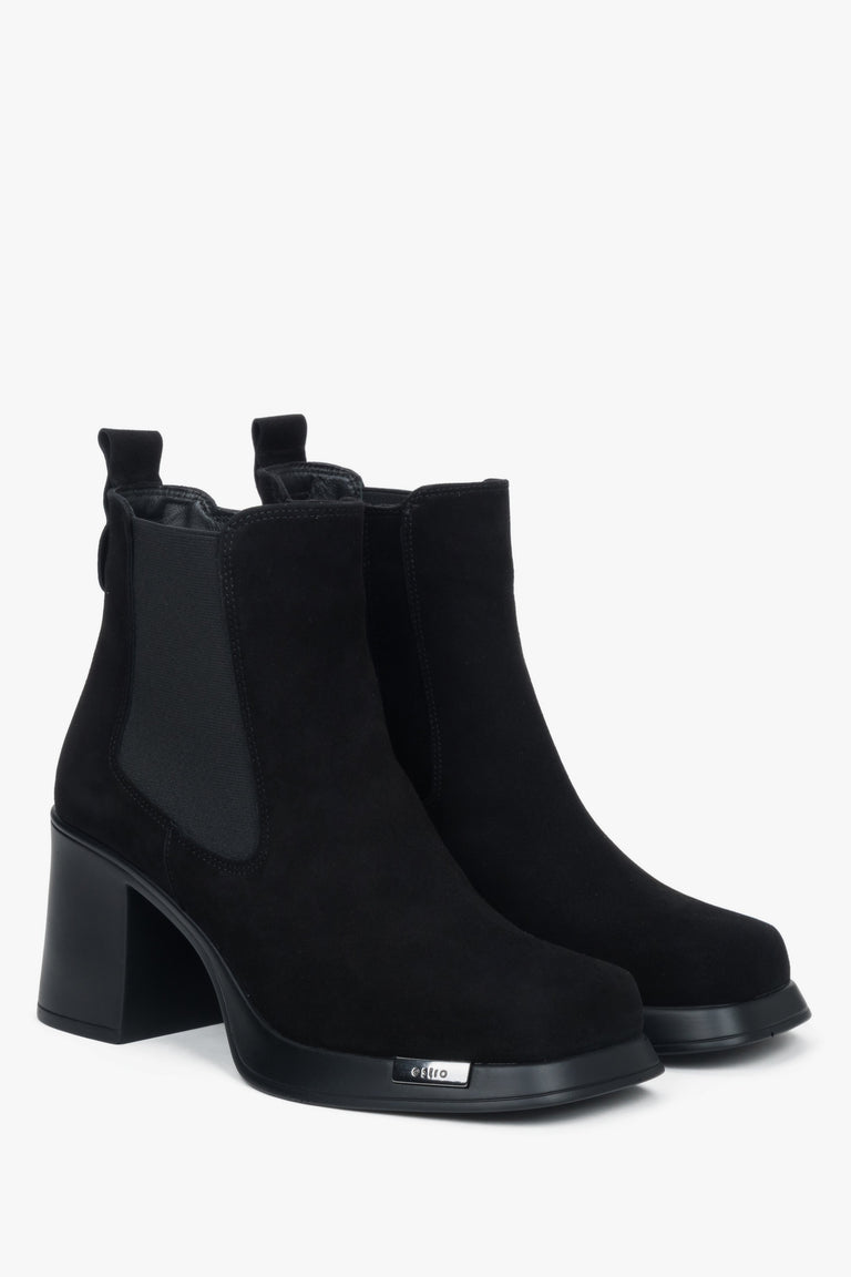 Women's low black ankle boots by Estro, made of genuine suede with a stable heel.