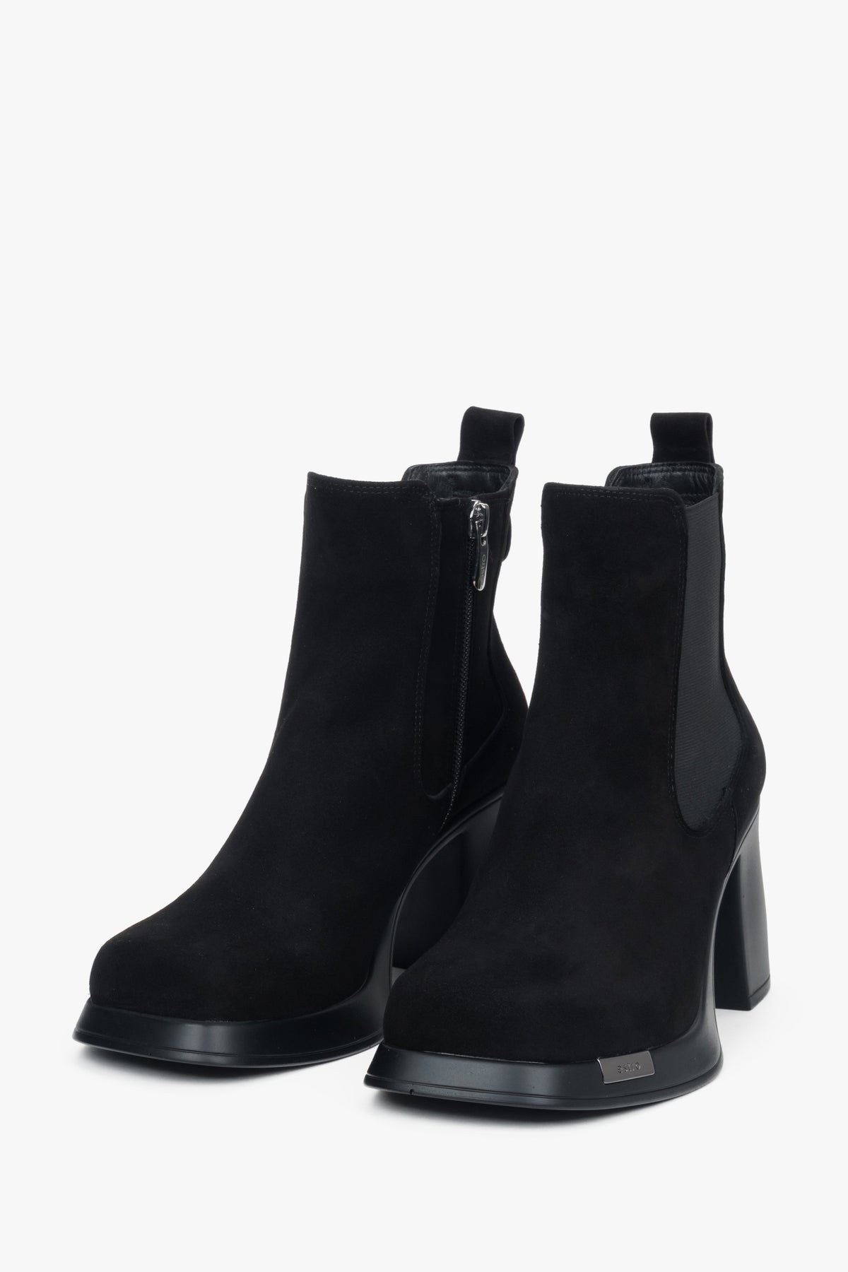 A pair of women's black suede ankle boots by Estro, featuring a stable block heel.