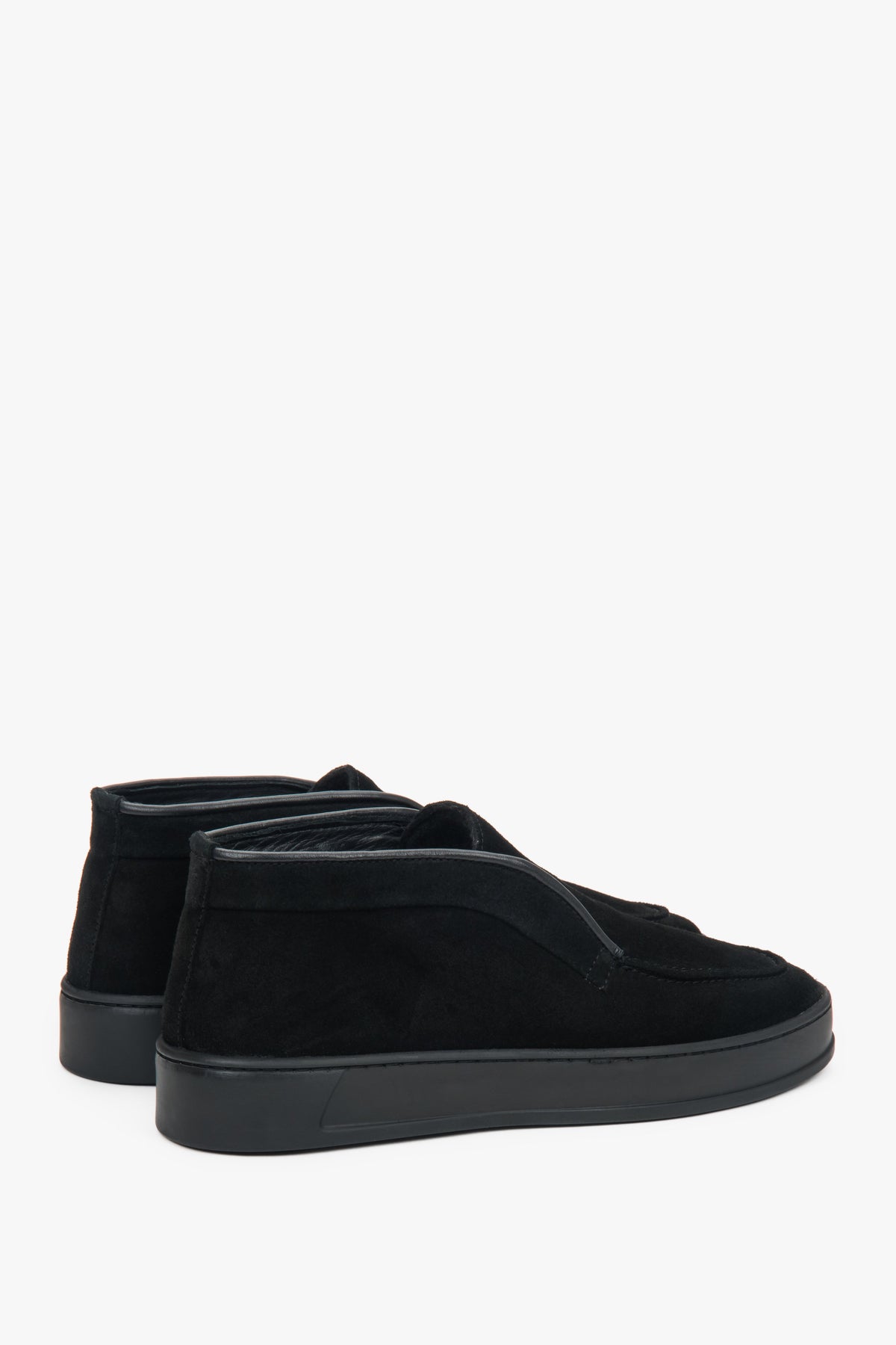 Side profile of the women's Estro high ankle loafer, showing the black Italian velour and slip-on boot design.