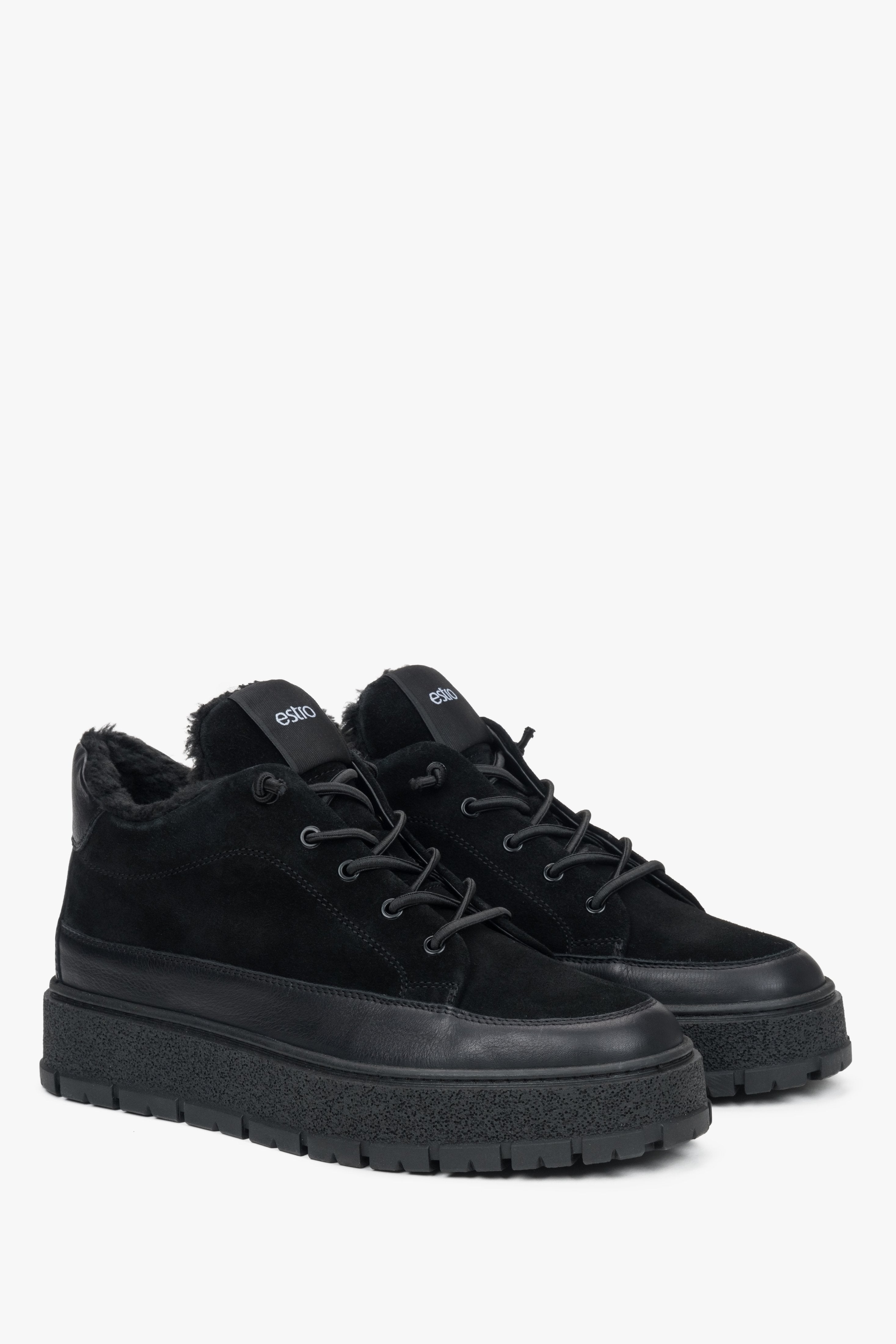 Men's black fur-lined high-top sneakers by Estro, made of Italian premium velour and leather.