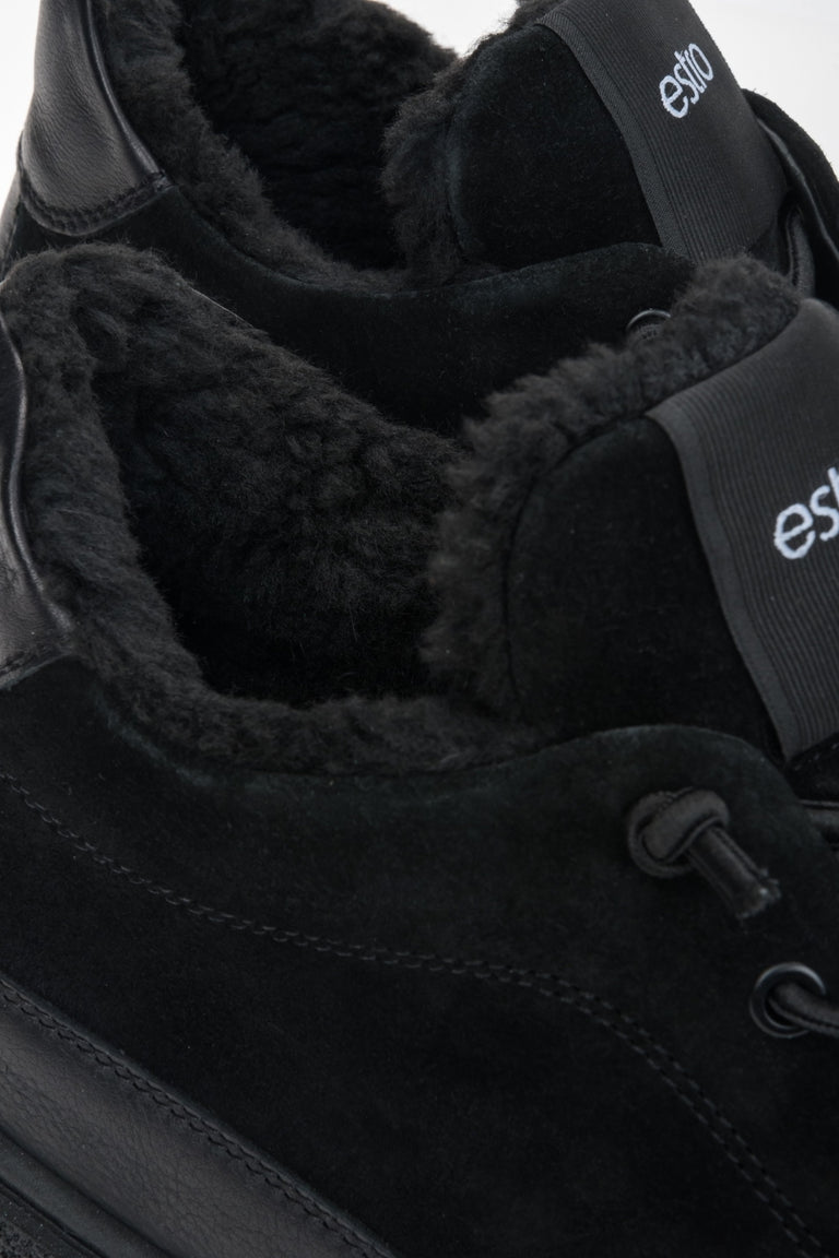 Men's black high-top sneakers featuring a fur lining and a premium Italian velour and leather upper.