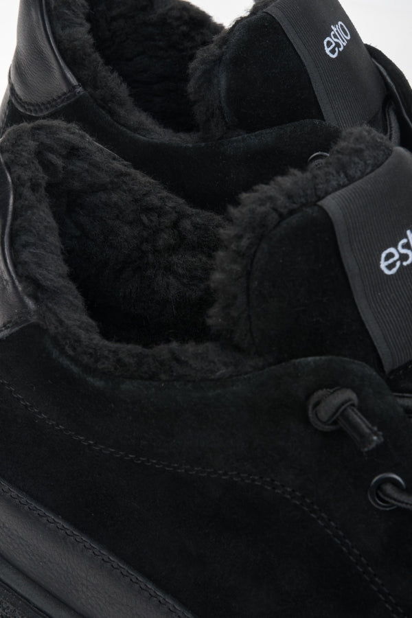 Men's black high-top sneakers featuring a fur lining and a premium Italian velour and leather upper.