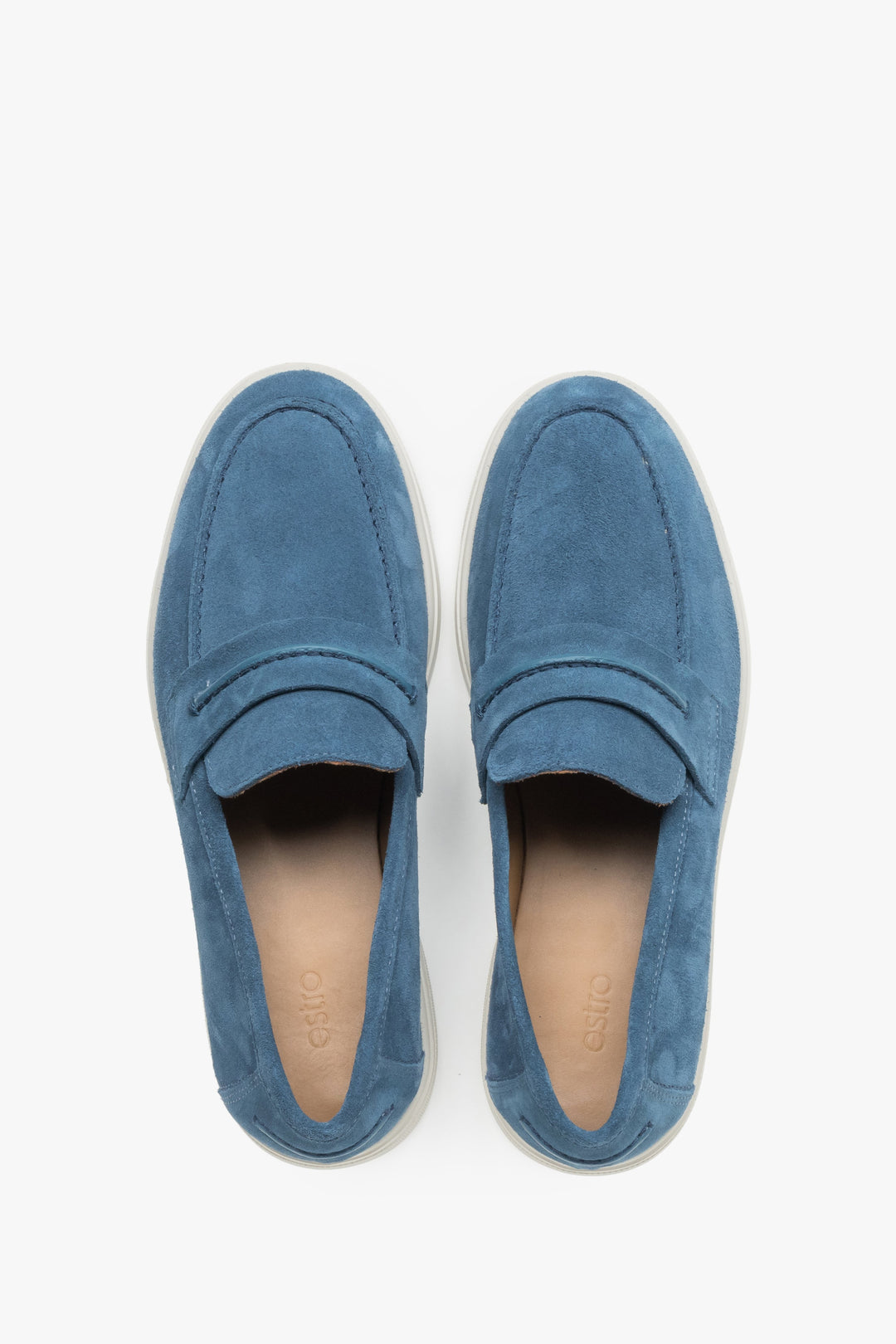 A pair of men's casual loafers by Estro, constructed from premium Italian velour in a blue color.