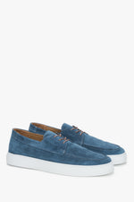 Men's Blue Lace-up Moccasins in Premium Italian Genuine Velour Estro ER00119216.