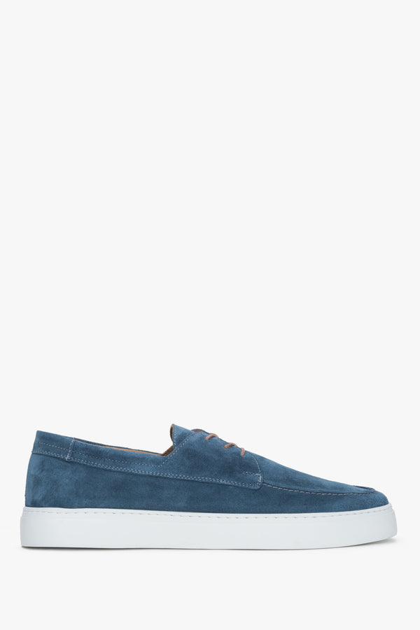 Men's blue lace-up moccasins by Estro, made of premium Italian genuine velour.