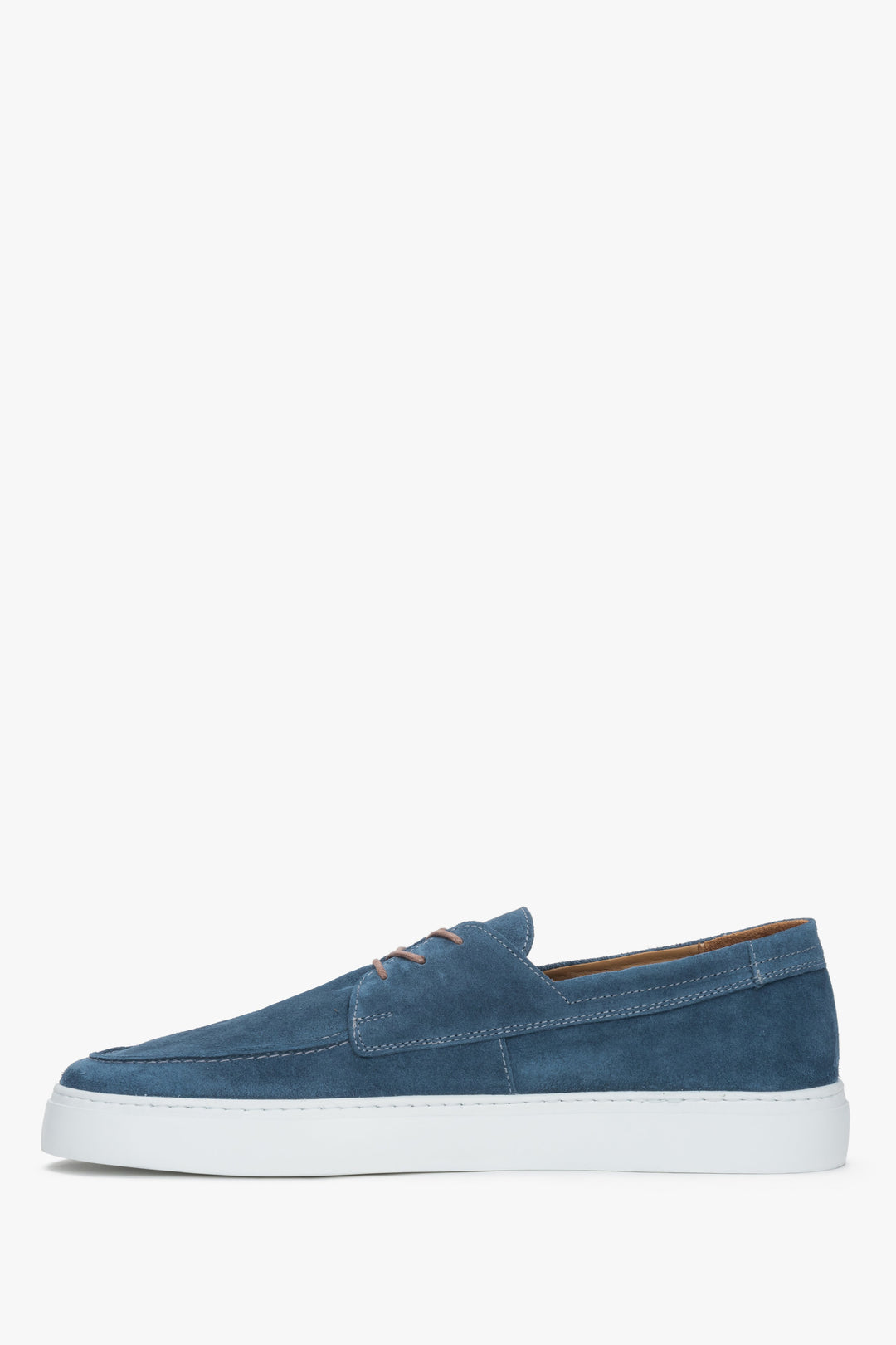 A pair of men's lace-up moccasins in blue, crafted from premium Italian velour by Estro.