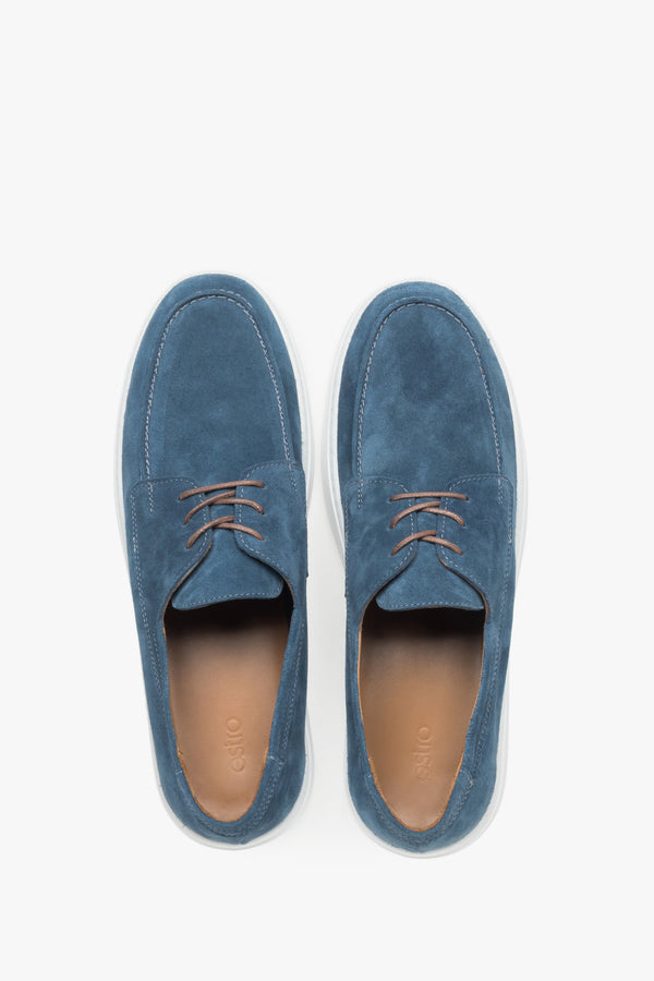 Men's blue lace-up moccasins featuring a premium Italian genuine velour upper.
