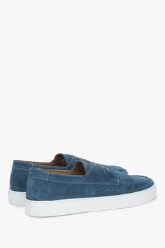 Side profile of the men's Estro lace-up moccasin, showing the blue Italian velour and lacing system.