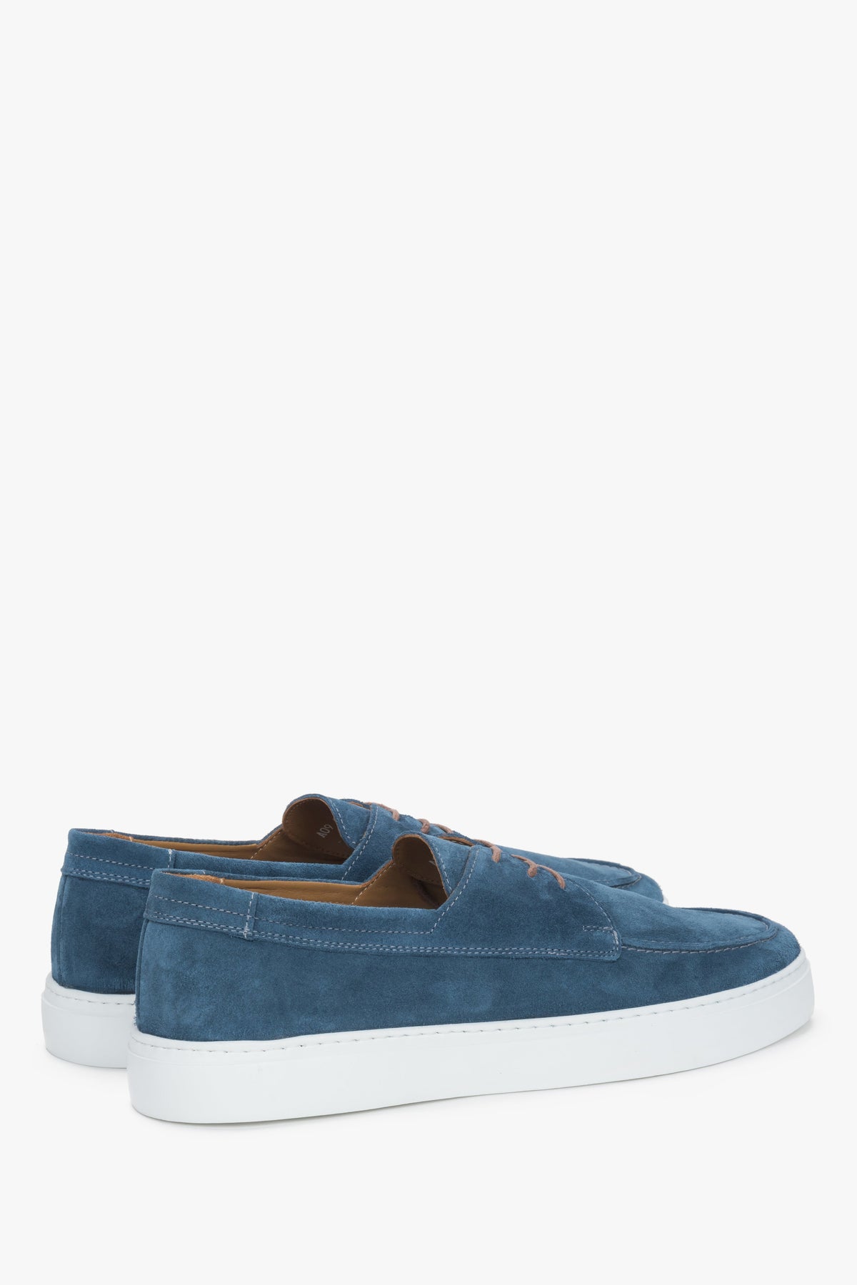 Side profile of the men's Estro lace-up moccasin, showing the blue Italian velour and lacing system.