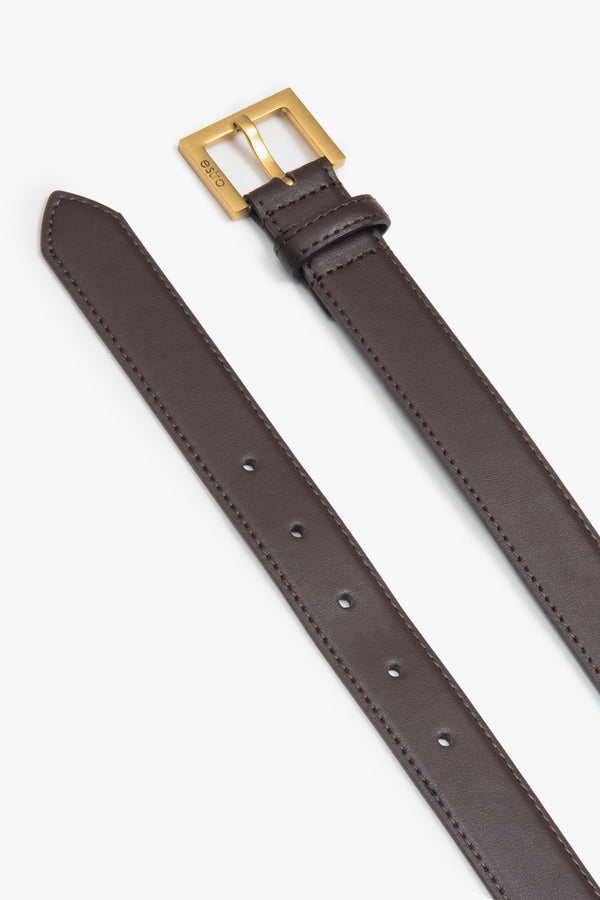 Women's dark brown genuine leather belt with elegant gold details, Estro ER00116101.