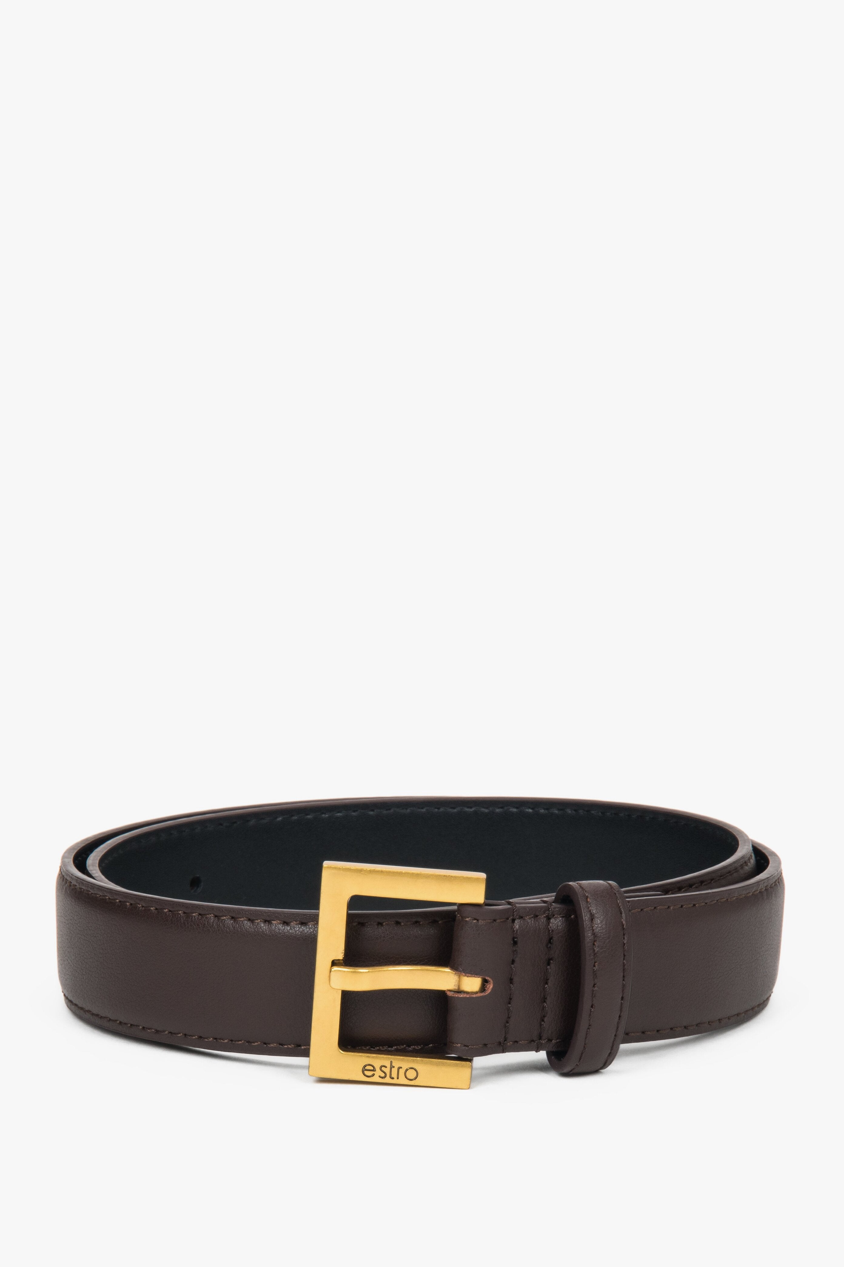 Timeless dark brown leather belt for women with gold accents, Estro ER00116101.