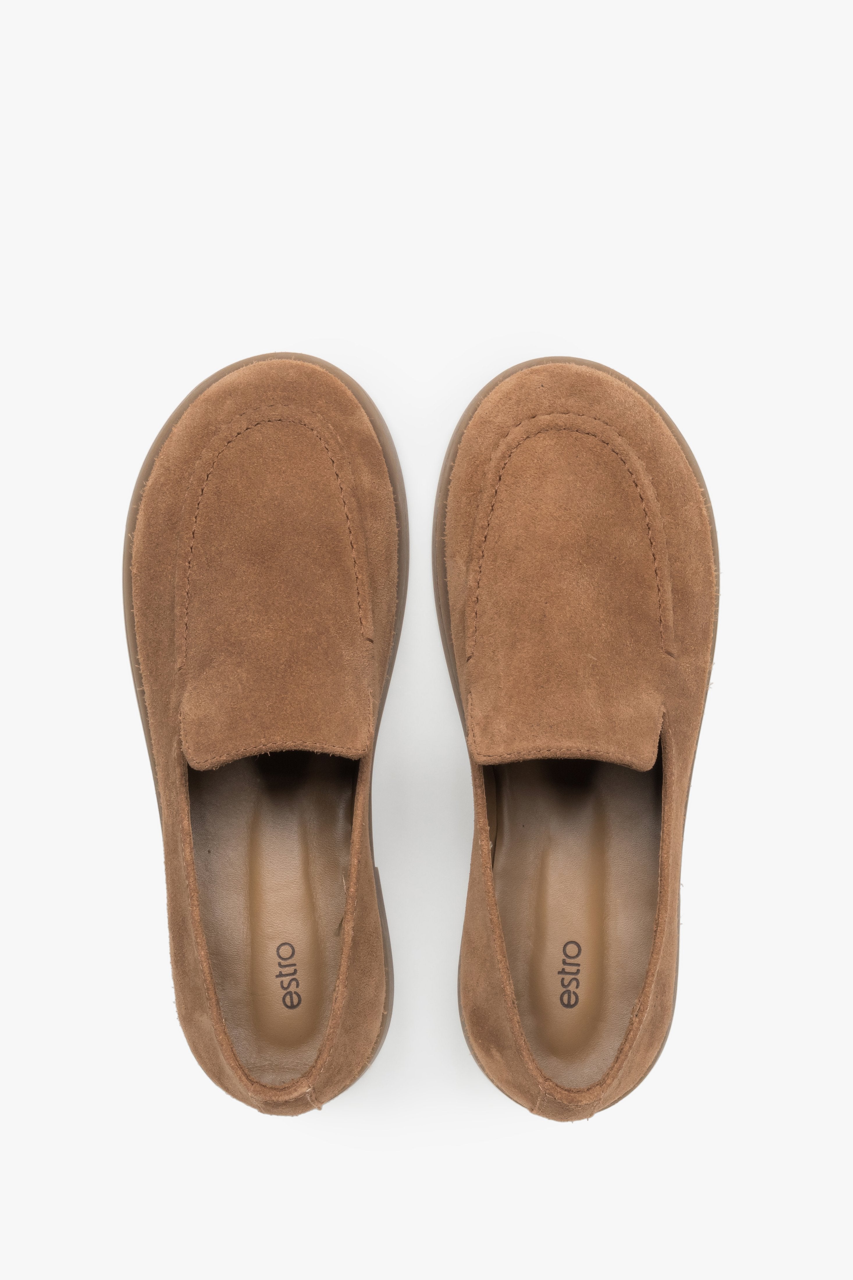 Women's caramel brown barefoot loafers featuring a premium Italian velour upper and a flexible sole.