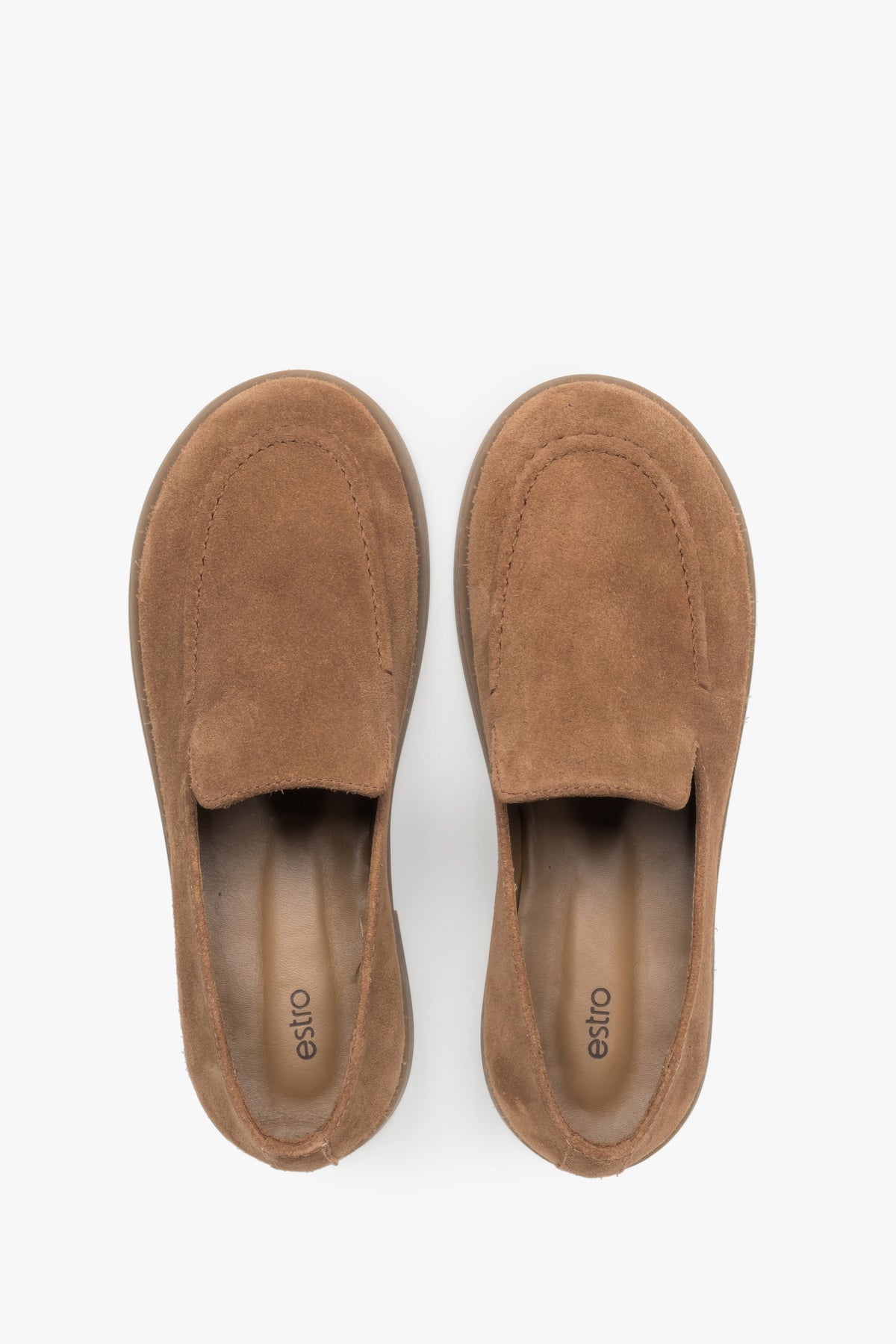 Women's caramel brown barefoot loafers featuring a premium Italian velour upper and a flexible sole.