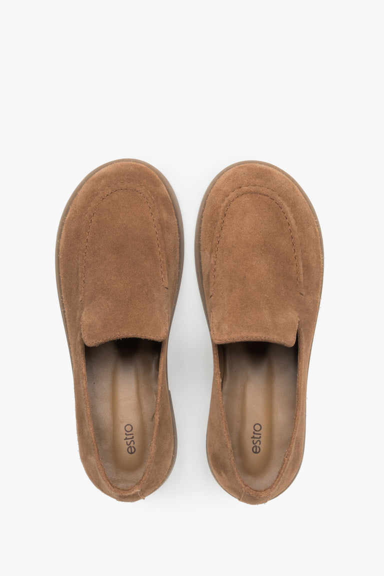 Women's caramel brown barefoot loafers featuring a premium Italian velour upper and a flexible sole.