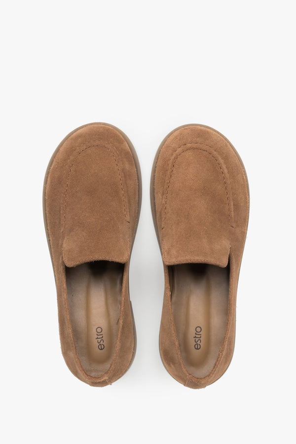 Women's caramel brown barefoot loafers featuring a premium Italian velour upper and a flexible sole.