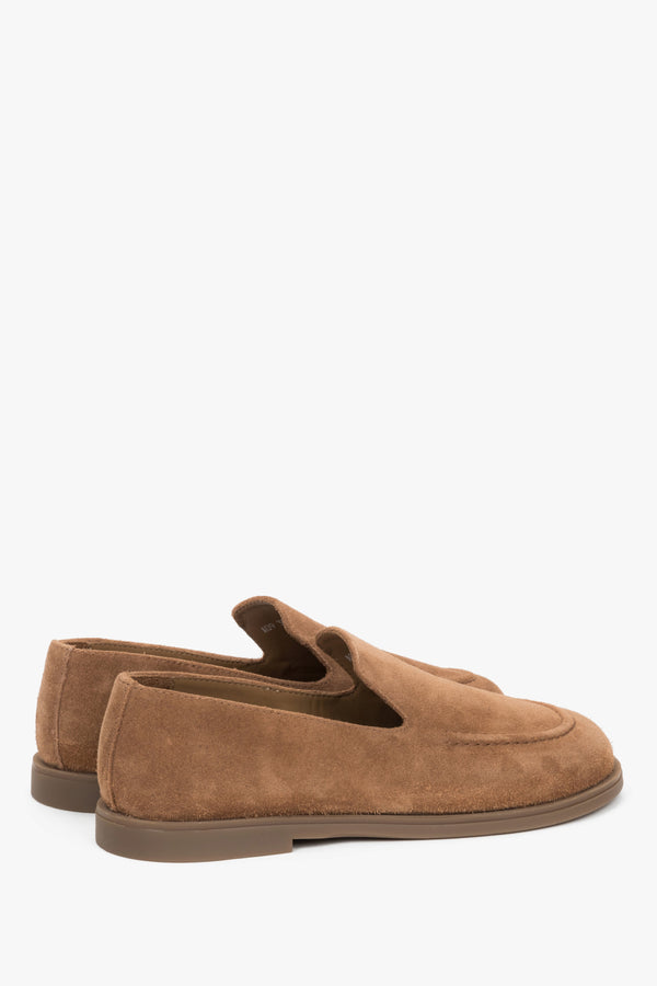 Side profile of the women's Estro barefoot loafers, showing the caramel brown Italian velour and minimalist design.