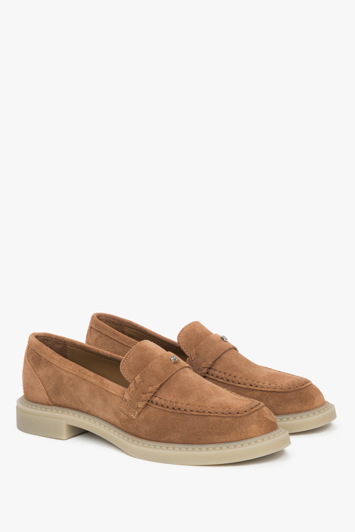 Women's caramel brown penny loafers by Estro, made of premium Italian genuine velour.