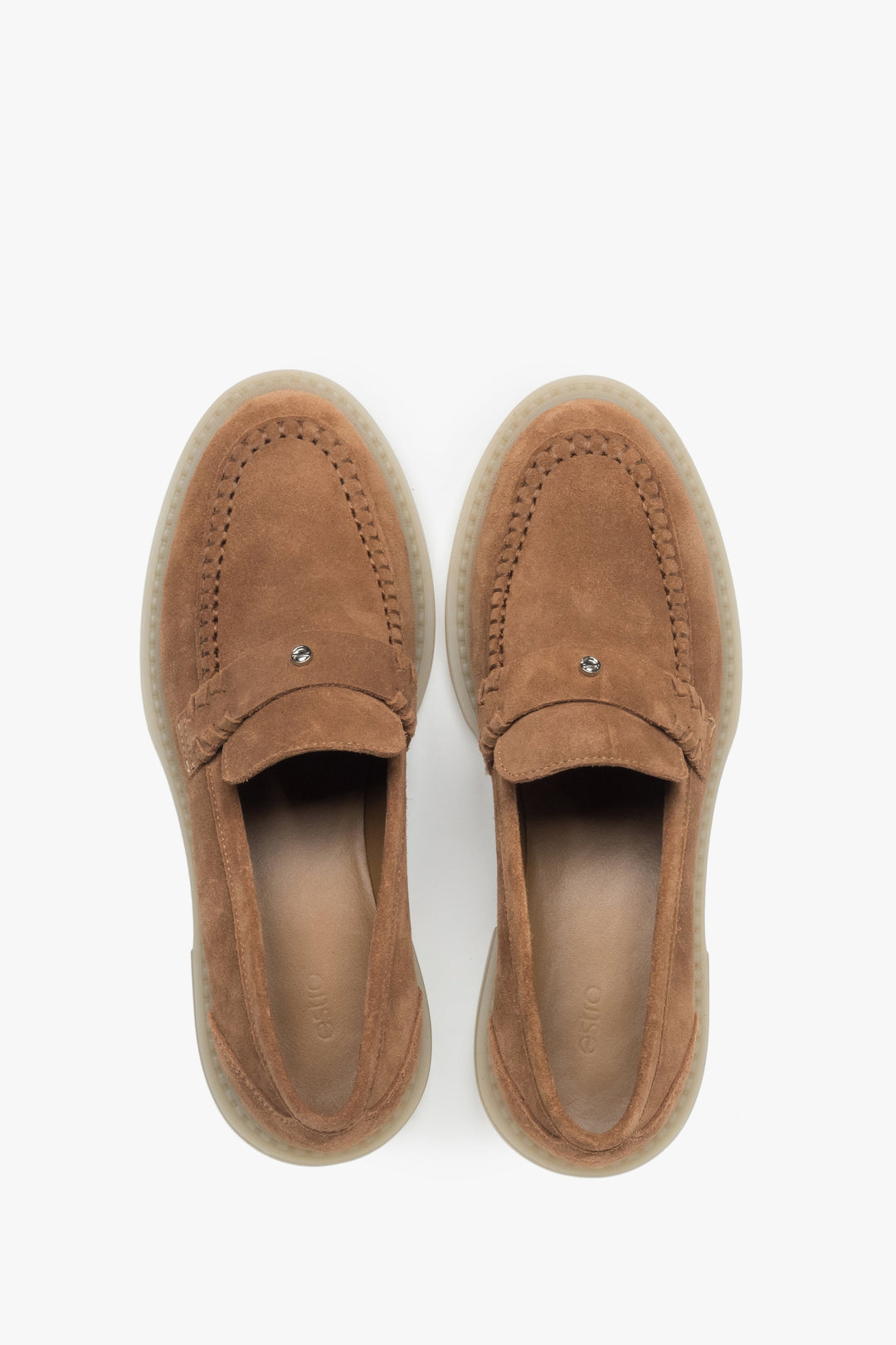 Estro: women's caramel brown penny loafers featuring a premium Italian genuine velour upper.