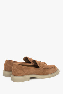 A pair of women's penny loafers made from premium Italian velour in a rich caramel brown color, by Estro.