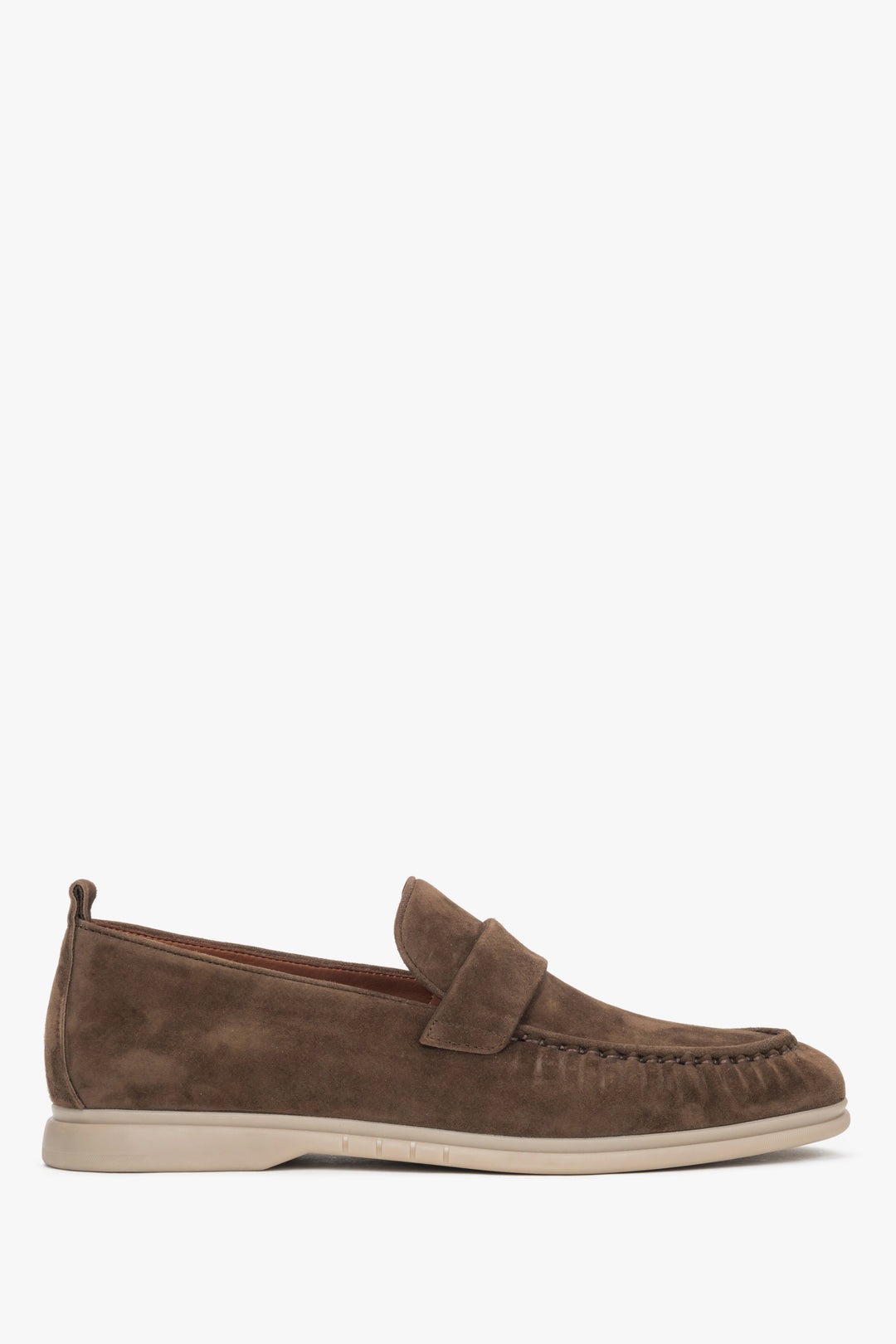 A pair of men's classic loafers in brown, crafted from soft genuine velour by Estro.