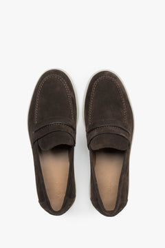 A pair of men's casual loafers by Estro, constructed from premium Italian velour in a dark brown color.