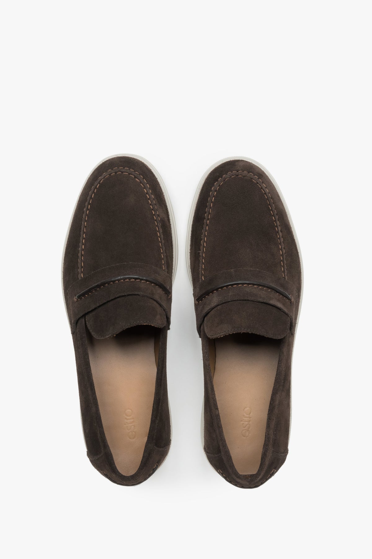 A pair of men's casual loafers by Estro, constructed from premium Italian velour in a dark brown color.