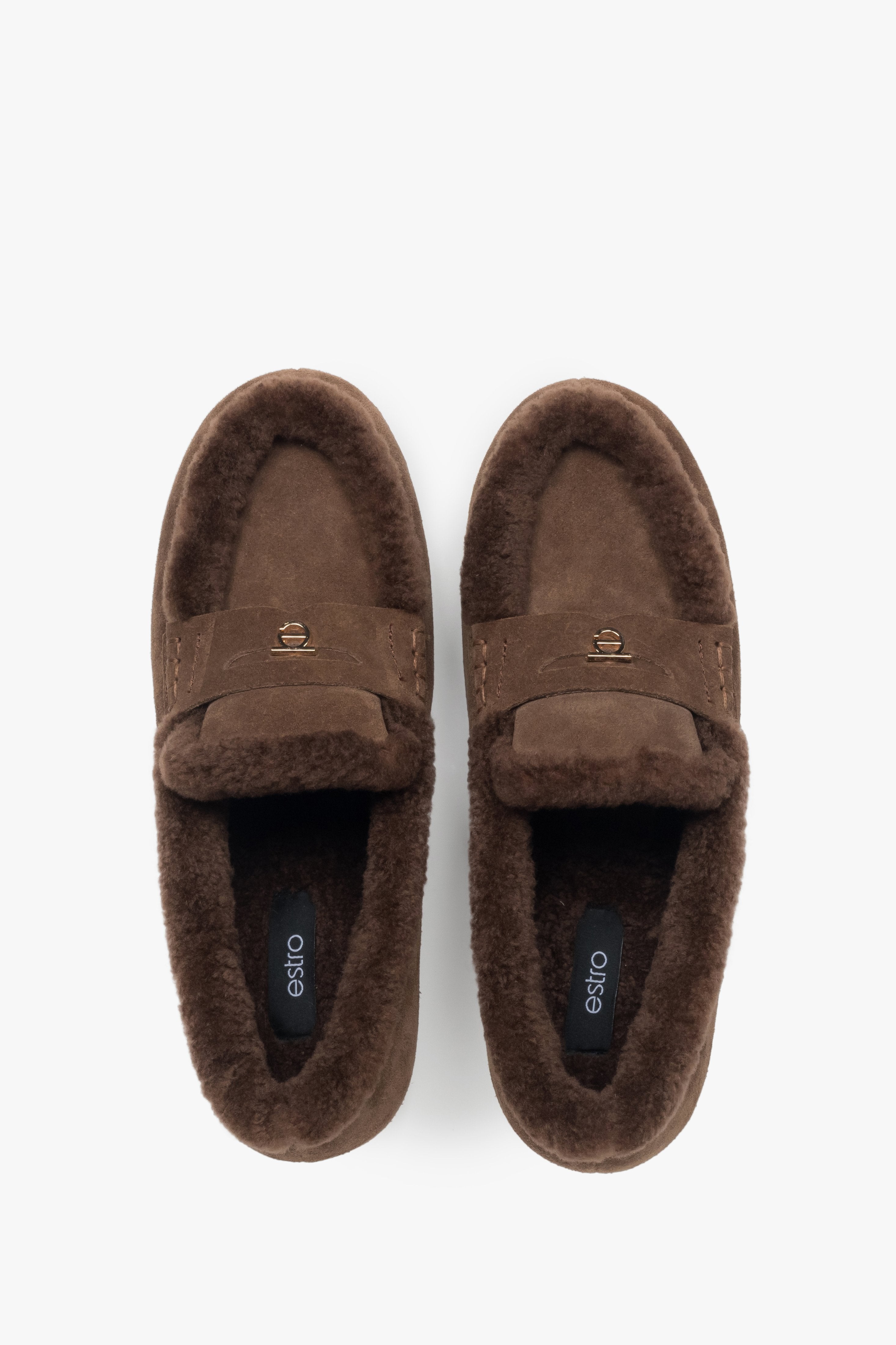Women's Dark Brown Fur-Lined Loafers made of Genuine Velour Estro ER00118842.