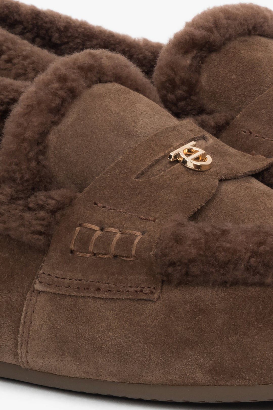 Women's dark brown fur-lined loafers by Estro, made of genuine velour.