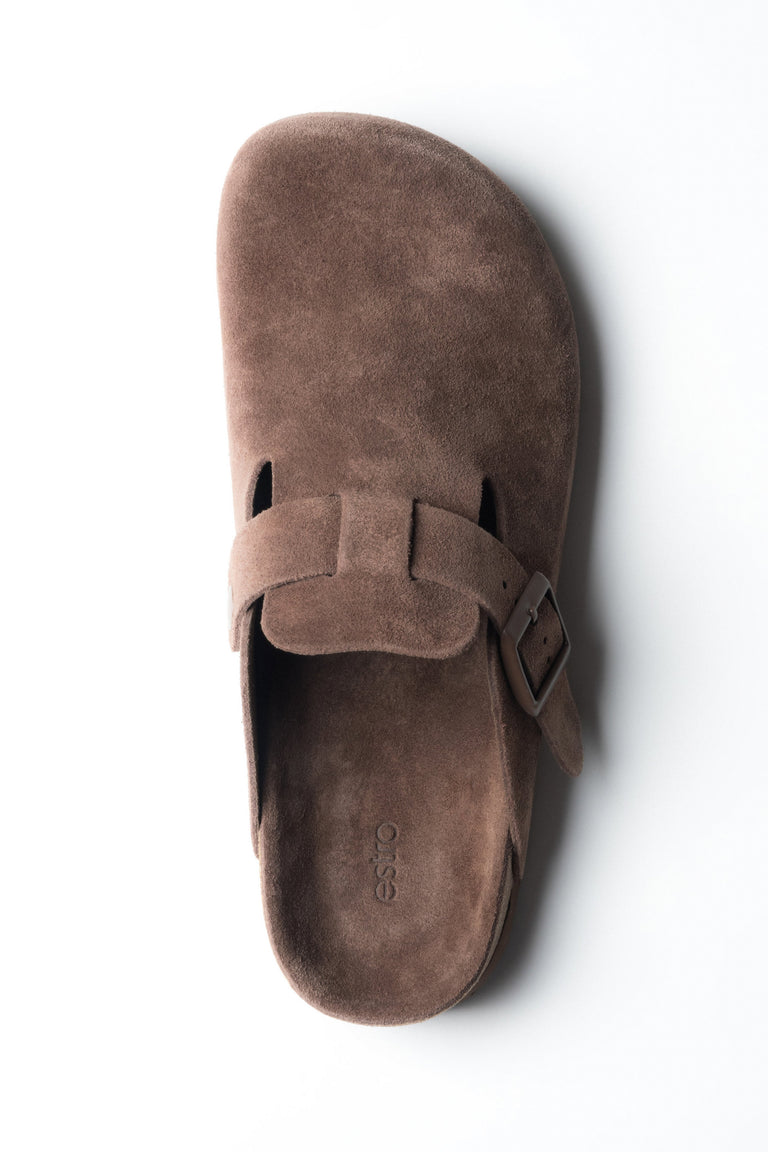 Women's dark brown clogs by Estro, made of soft genuine suede.
