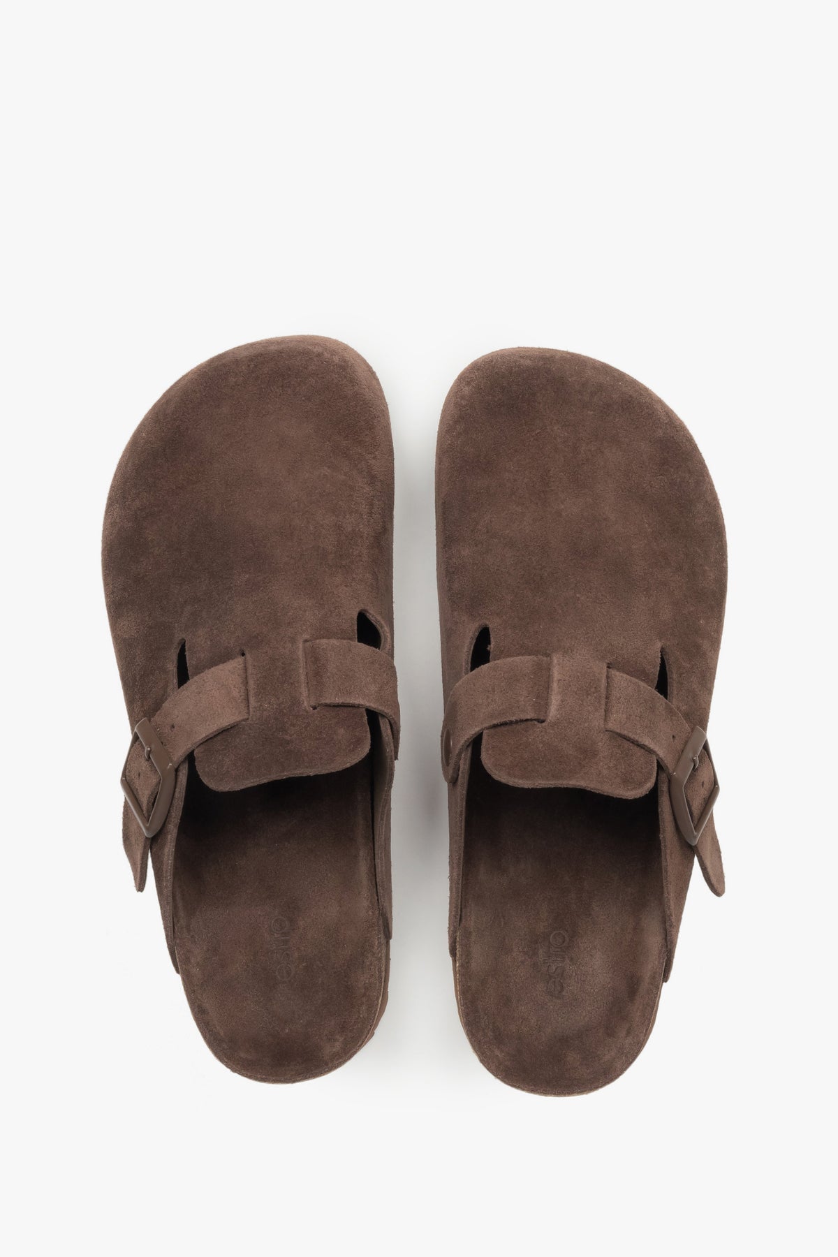 Women's dark brown clogs featuring a soft genuine suede upper.