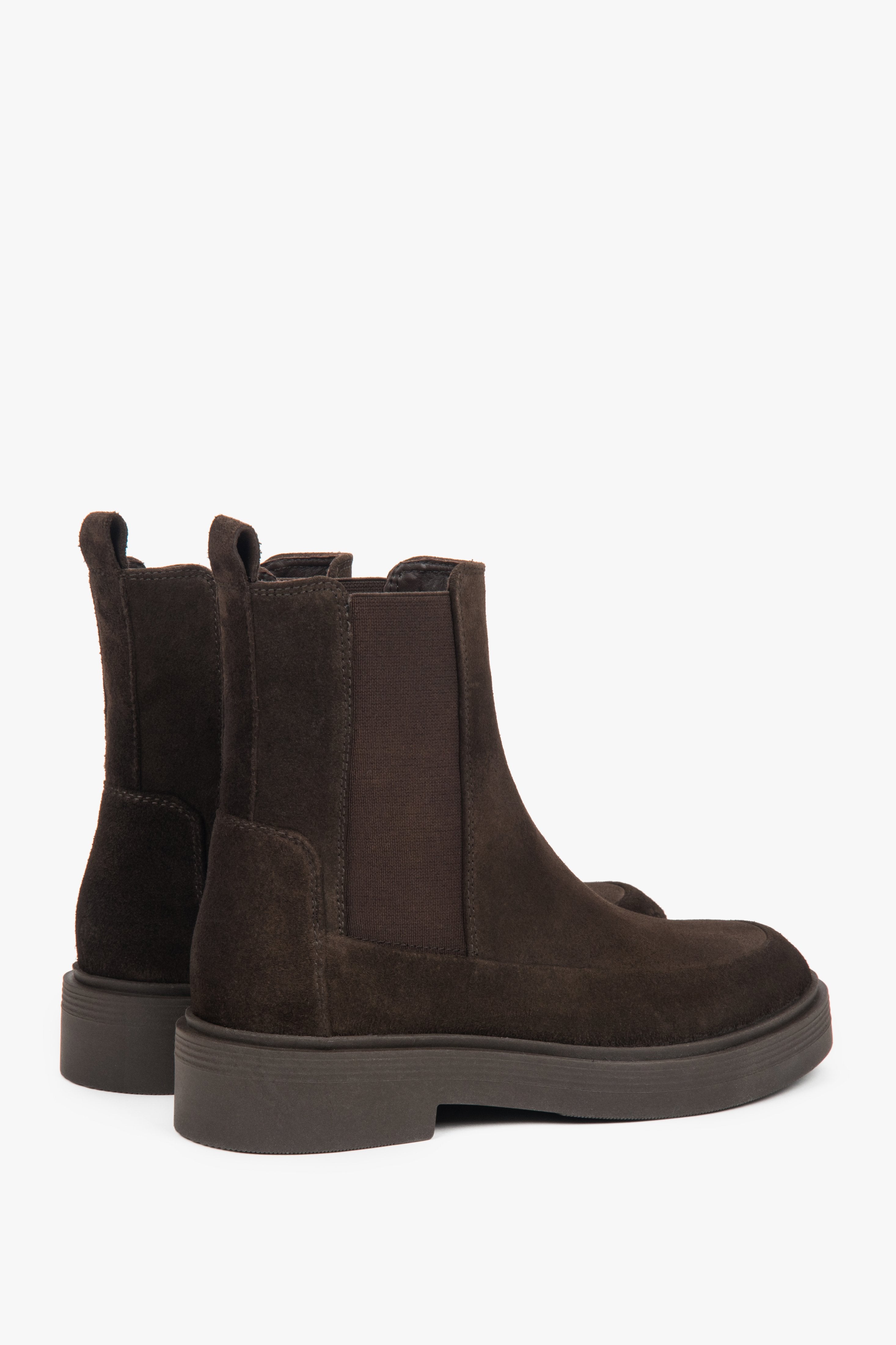 Side profile of the women's Estro high-ankle Chelsea boot, showing the dark brown Italian velour and taller shaft.