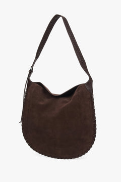 A dark brown shoulder bag for women by Estro, crafted from genuine velour.