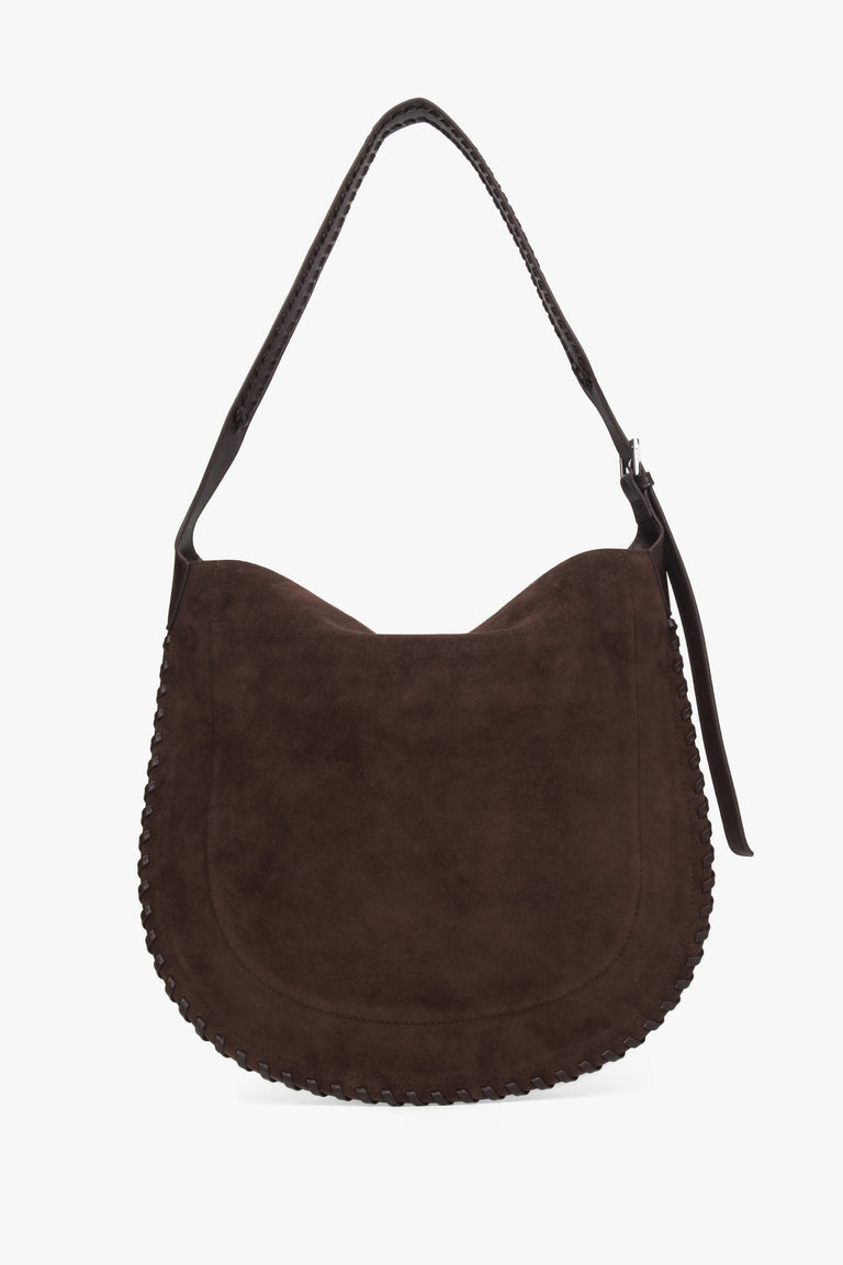 A genuine velour shoulder bag for women in a rich dark brown color by Estro.