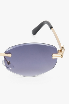 A pair of women's oval sunglasses with a rimless construction, grey lenses, and gold-colored details by Estro.