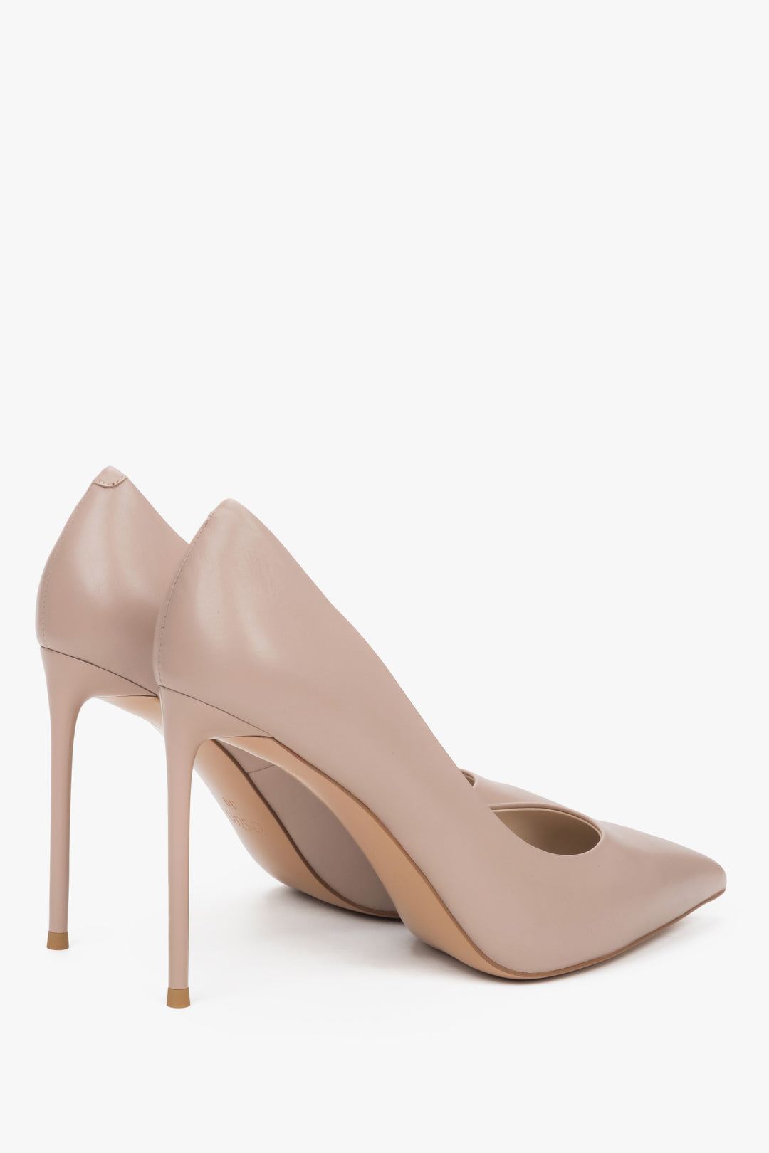 Side profile of the women's Estro high heel pump, showing the light beige genuine leather finish.