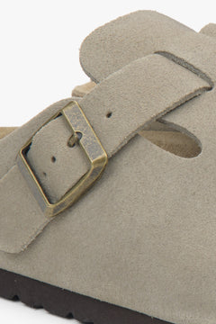 Women's Estro mules in a light grey clog style, made from genuine velour.
