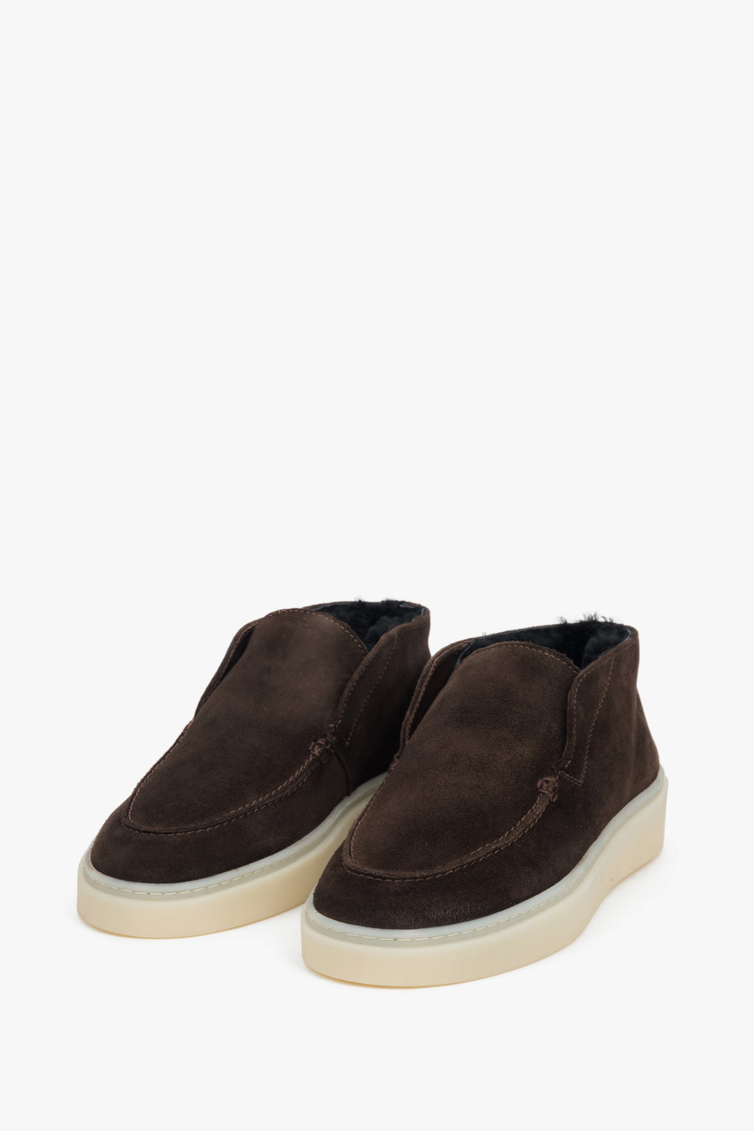 A pair of women's winter loafers in saddle brown, crafted from Italian genuine velour and lined with soft fur.