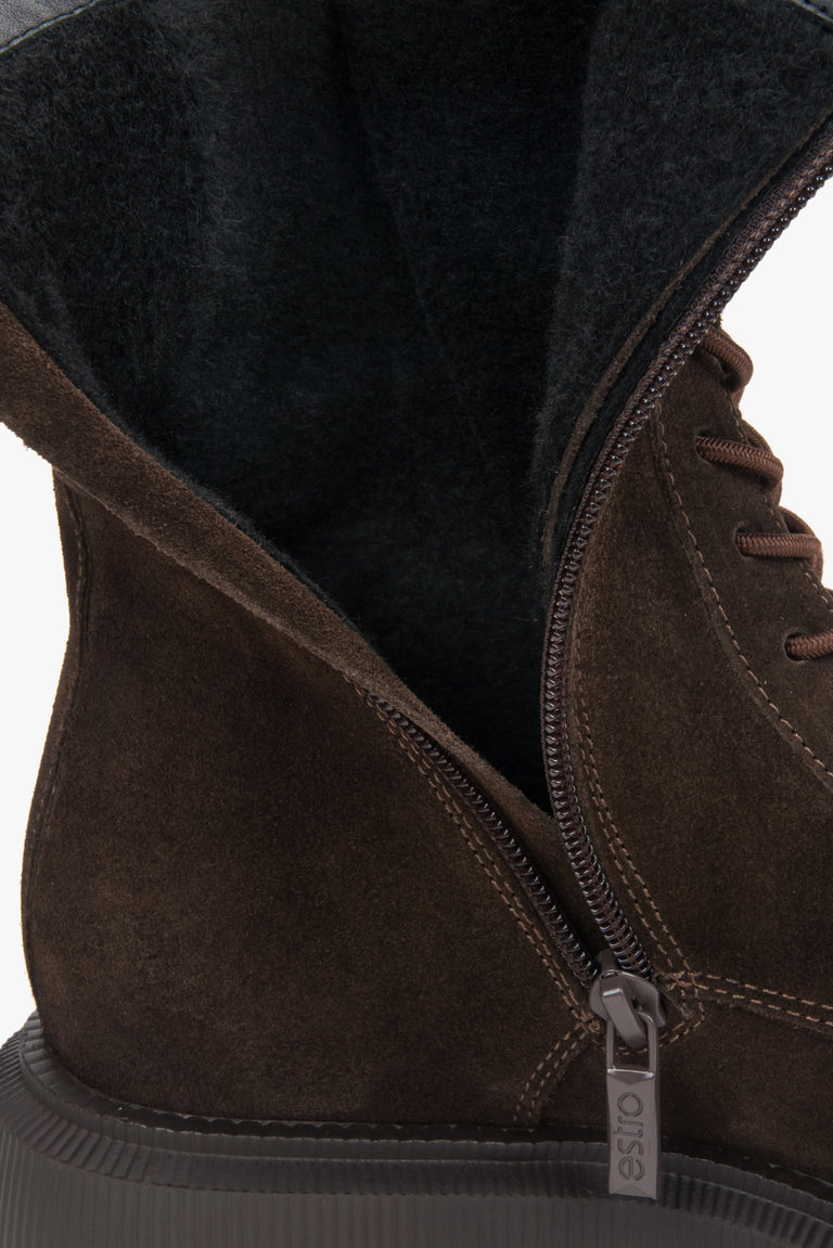 Women's saddle brown Estro ankle boots (model ER00118117) showcasing a luxurious, premium Italian velour finish.