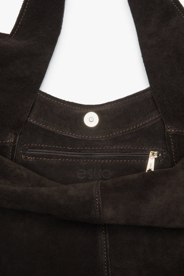 Women's saddle brown hobo bag by Estro, made of genuine Italian premium velour.