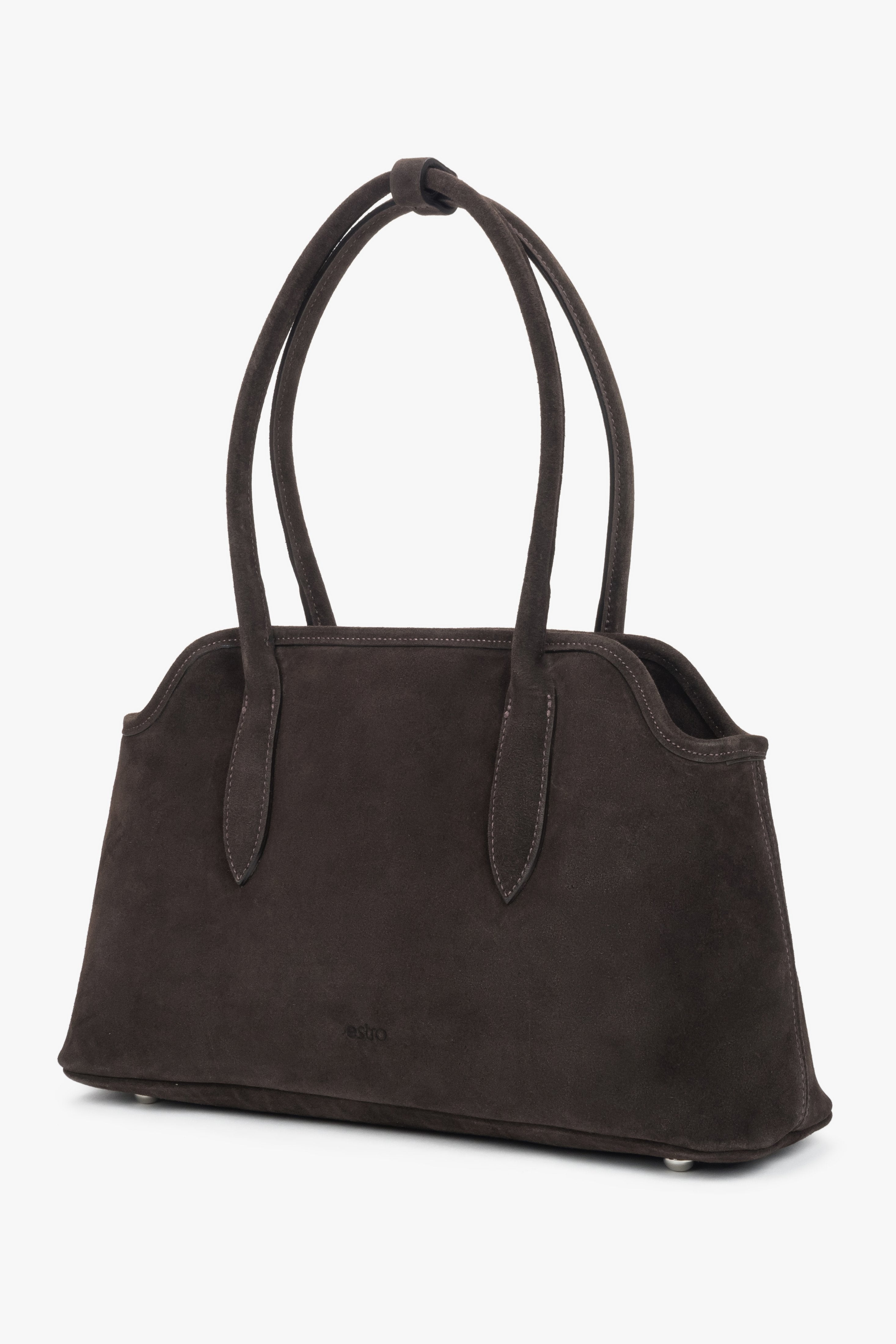 Side view of a women's saddle brown shoulder bag made of genuine Italian velour.