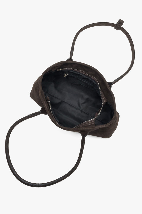 Women's Estro shoulder bag designed in saddle brown using genuine premium velour.