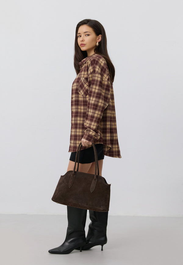 Women's Estro shoulder bag designed in saddle brown using genuine premium velour.