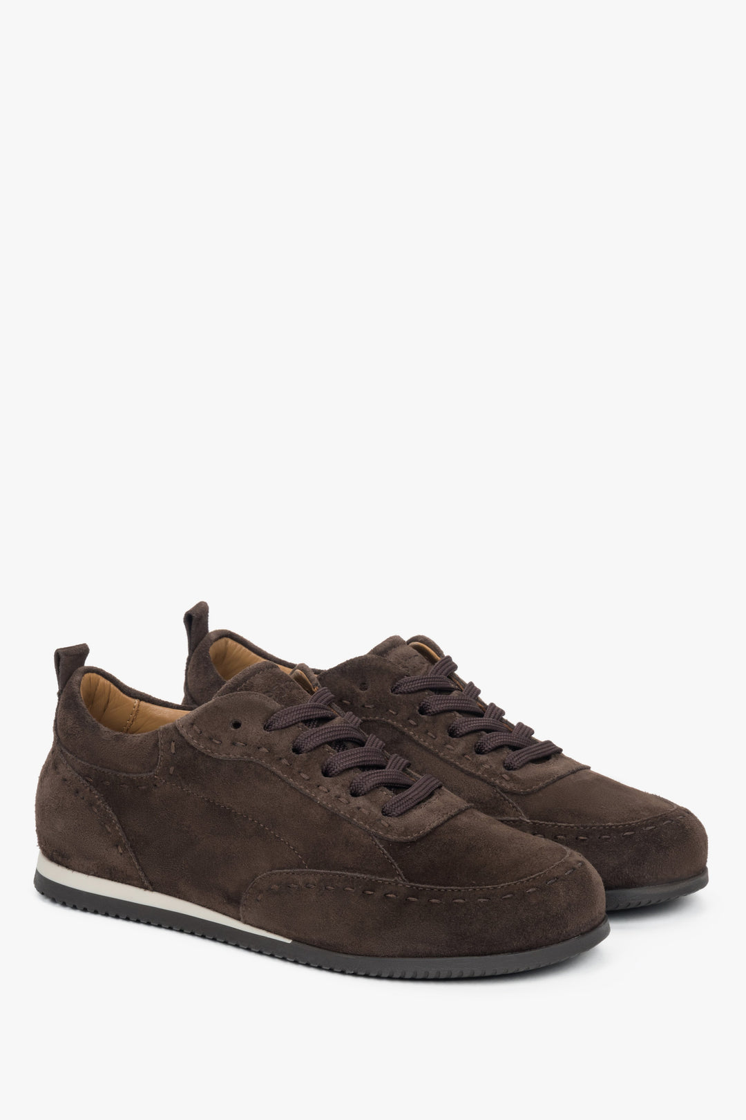 A pair of women's barefoot sneakers in saddle brown, crafted from premium Italian velour by Estro.