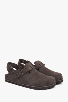 Women's saddle brown closed-toe clog sandals by Estro, made of genuine velour.