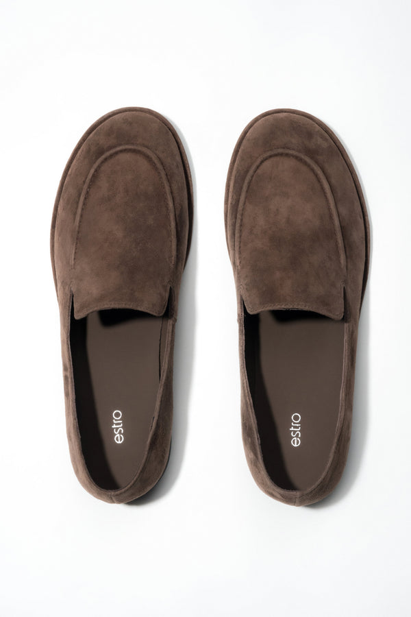 Women's Saddle Brown Flat Loafers in Genuine Velour Estro ER00119021.