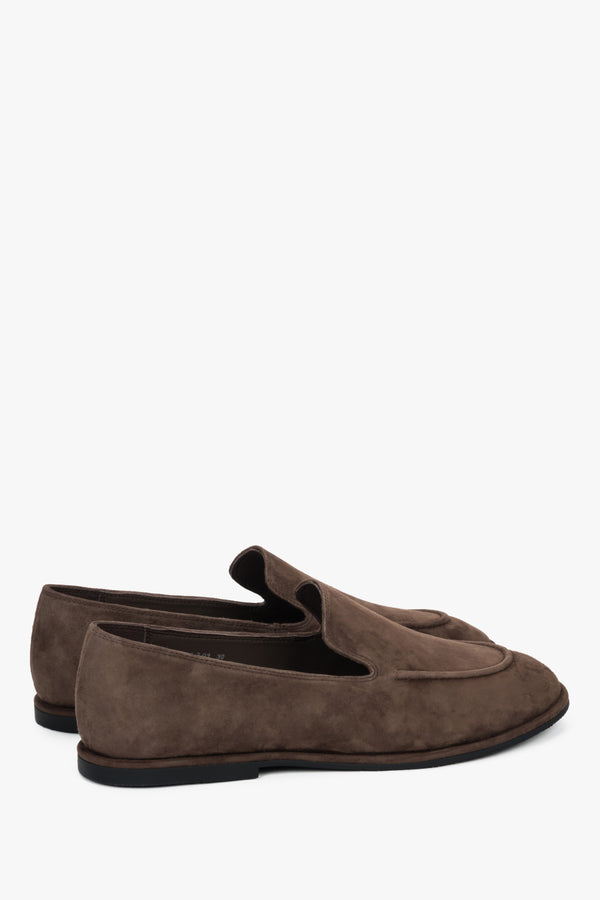 Side profile of the women's Estro flat loafer, showing the saddle brown genuine velour finish.