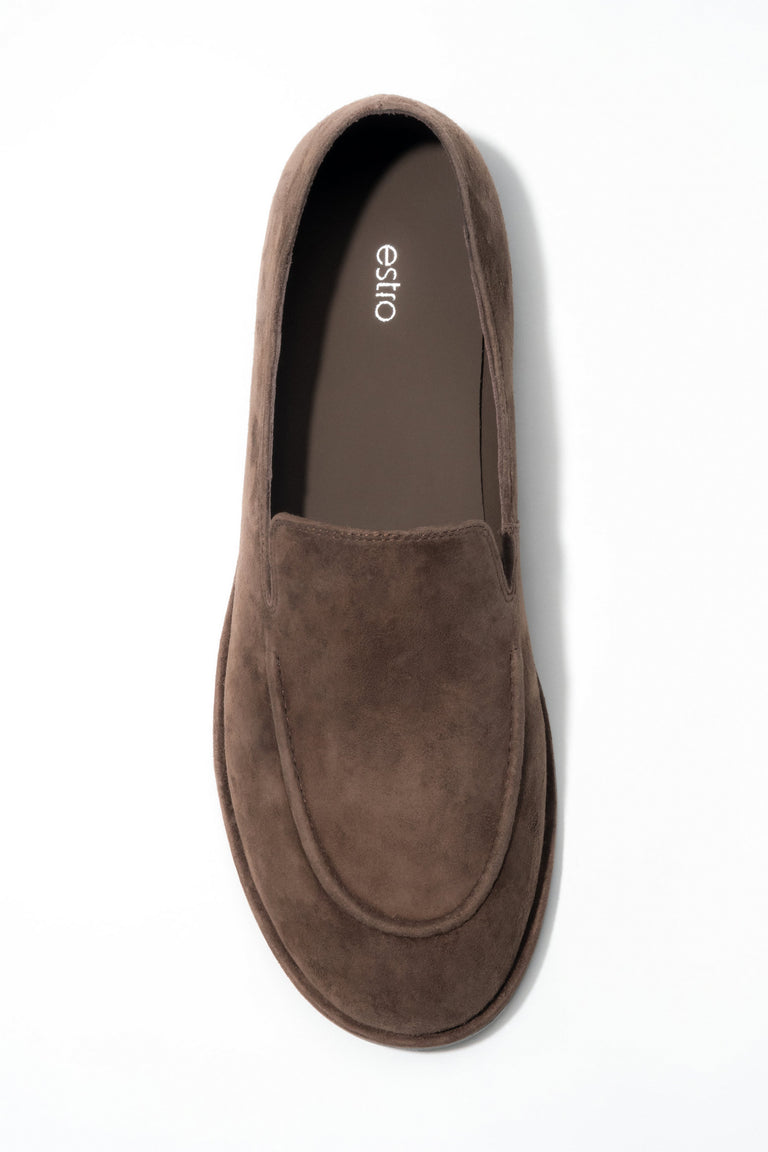 A pair of women's flat loafers made from genuine velour in a rich saddle brown color, by Estro.
