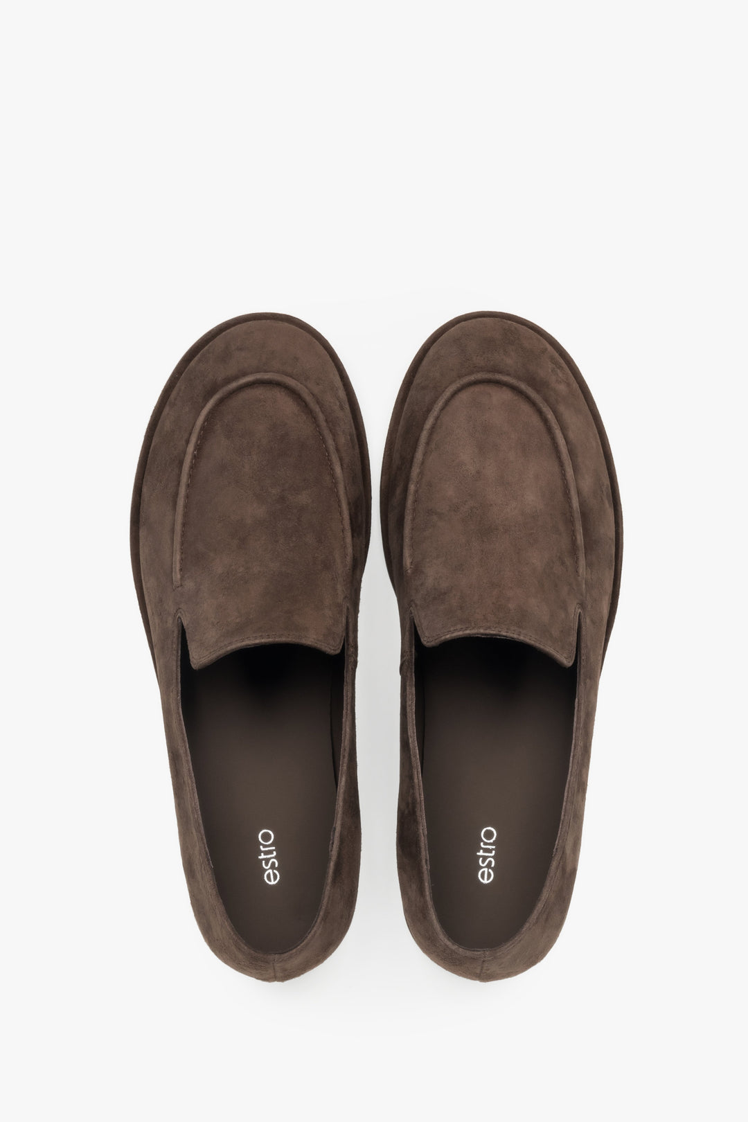 Women's flat loafers made from genuine velour in saddle brown color.