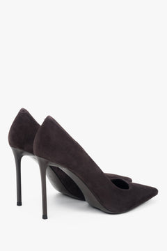 A pair of women's heels made from genuine velour in a rich saddle brown color, by Estro.